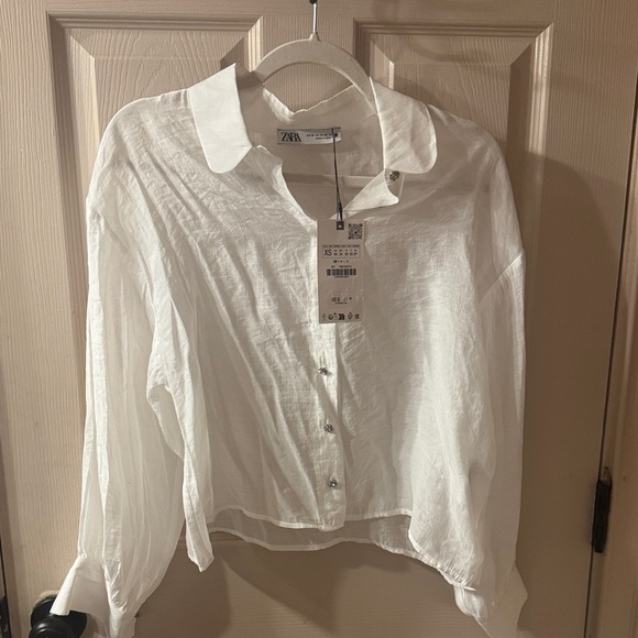 Zara Tops - Zara White Linen Button-Front Blouse